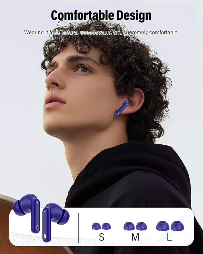 Wireless Earbuds, Bluetooth 5.4 Headphones Bass Stereo/Clear Call,Dark Blue | Ear Buds with Noise Cancelling Mic LED Display in Ear Earphones IP7 Waterproof 36H Bluetooth Earbuds for Phones/Sport/Laptop