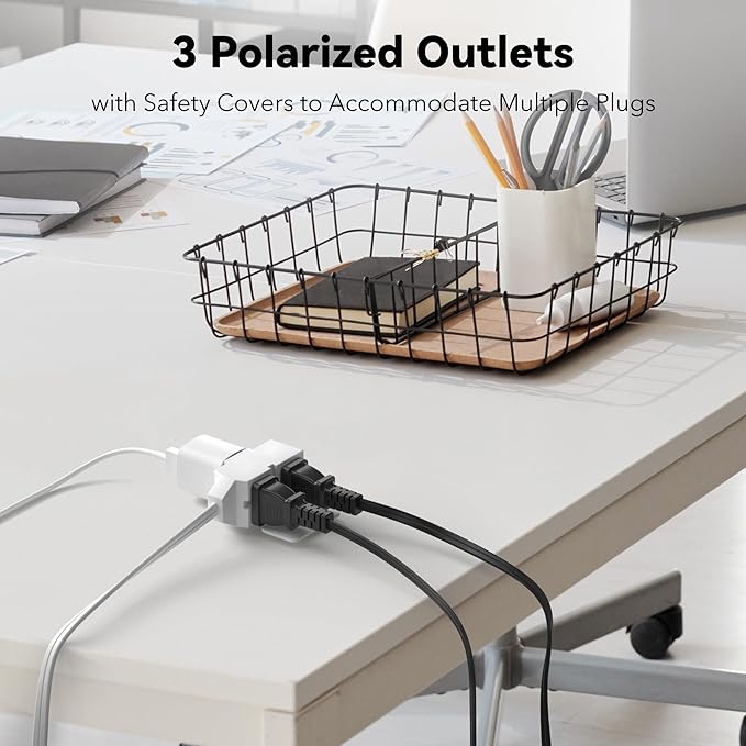 BN-LINK 2 Pack 12ft Indoor Extension Cord, 3 Outlet, 16/2 SPT-2, White, 2-Prong Polarized Plug, Household Power Cord for Home, Office & Holiday Decorations