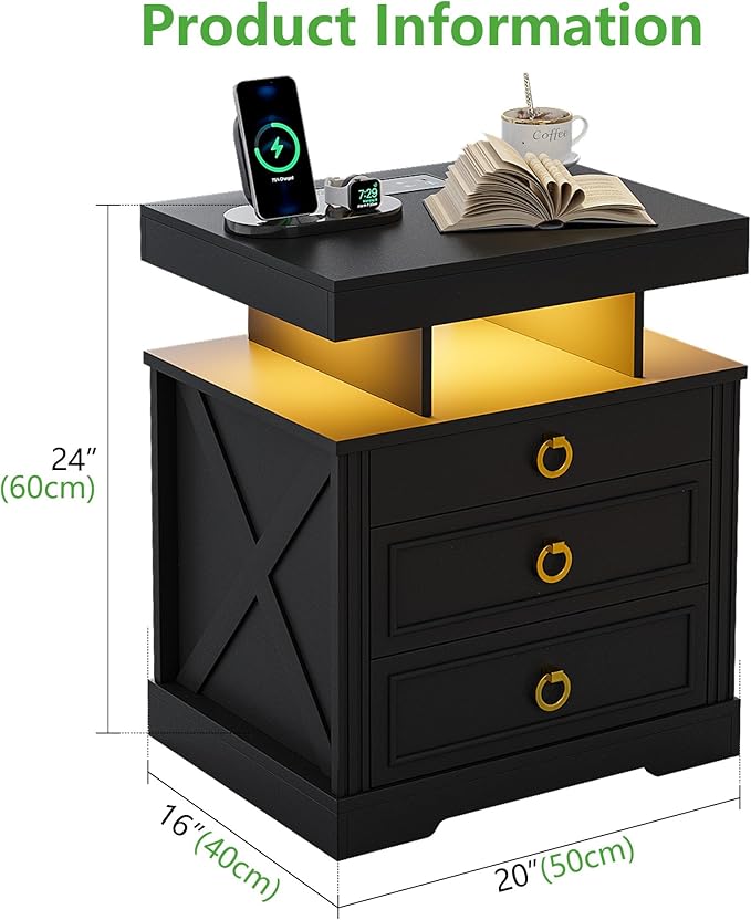 HNEBC Nightstand with Gun Drawers, LED Farmhouse Night Stand with Charging Station, Smart End Table with 3 Color Auto Light, Bedside tabel with Hidden Compartment for Bedroom Furniture-Black