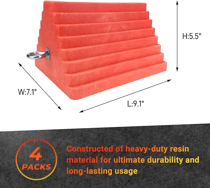 HOXWELL Premium 4 pcs Heavy Duty Wheel Tire Chocks, Vehicle Chocks with Eyebolt for Travel Trailers, Camper, Truck, Car and ATV 4 Pack, Orange