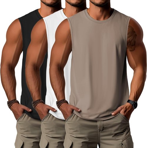 Ficerd Men's Big & Tall Tank Tops - Cotton Moisture-Wicking Sleeveless Gym Tees | X-Large (Black, White, Khaki)