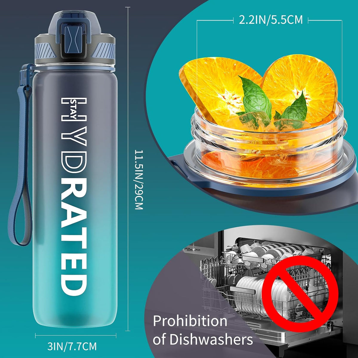 QLUR 32oz Motivational Water Bottle - BPA-Free Tritan with Time Marker & Carry Strap for Fitness | Leakproof