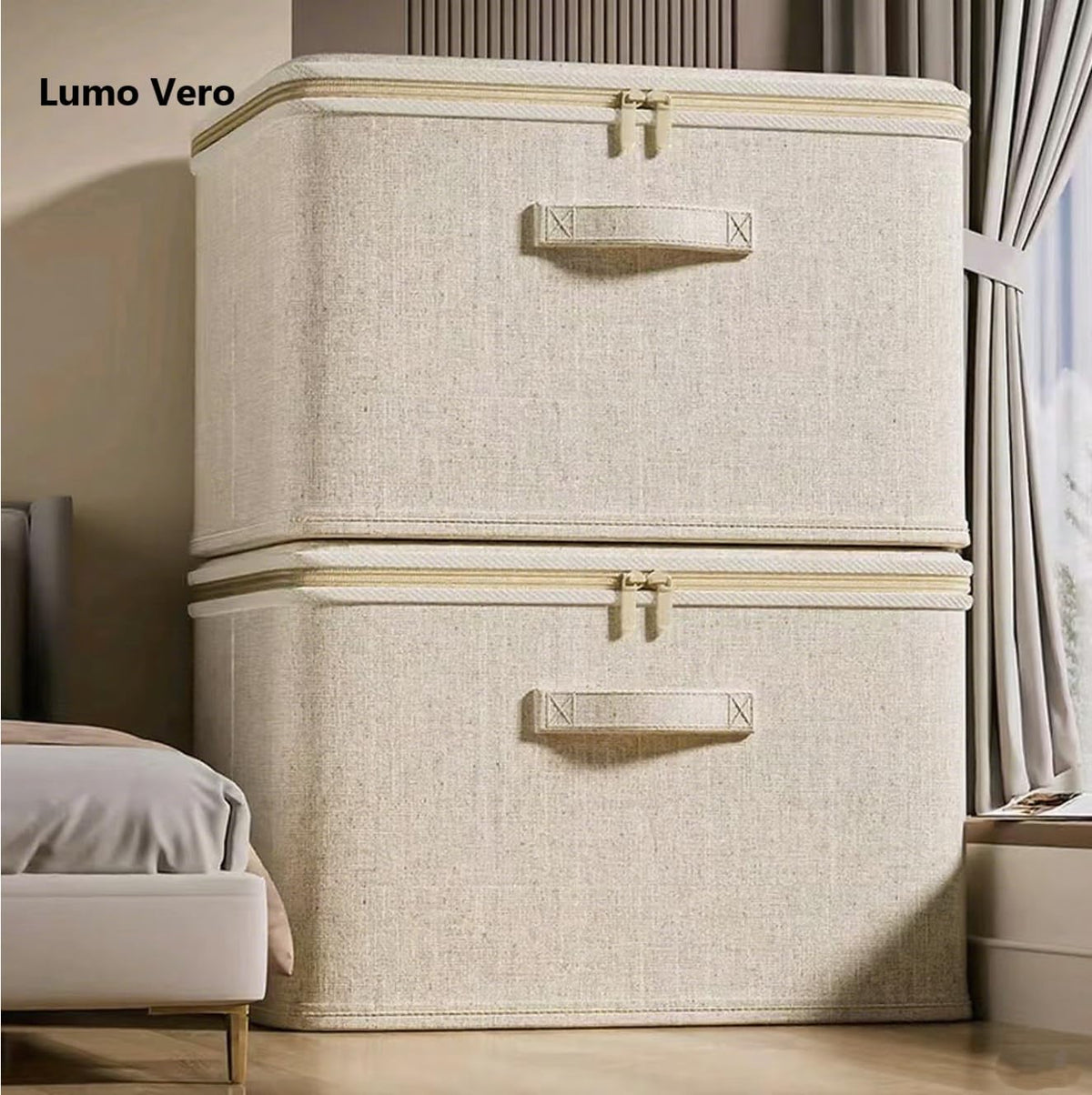 [3 Pack] Beige Cotton Linen Collapsible Storage Bins for Home Organization, Waterproof Fabric Foldable Organizer Boxes, 17.72 x 13.78 x 10.24 Inches, Zippered Flap & Handle (Large)