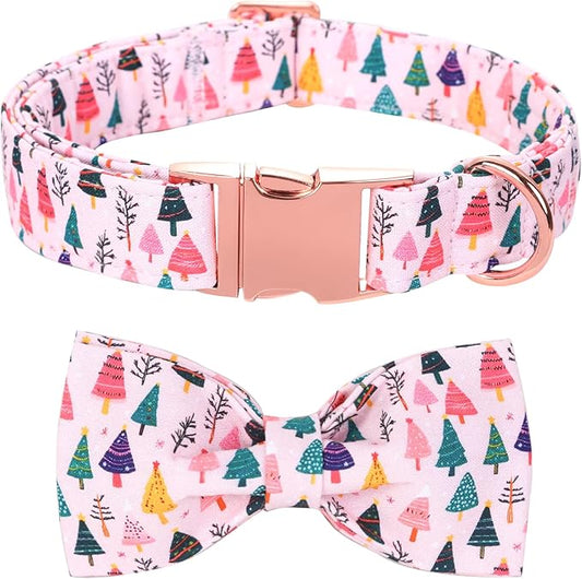 Christmas Dog Collar, Pink Christmas Tree Soft Comfortable Collars with Bow Adjustable Pet Collar with Premium Metal Buckle Dog Necklace for Medium Girl Dogs
