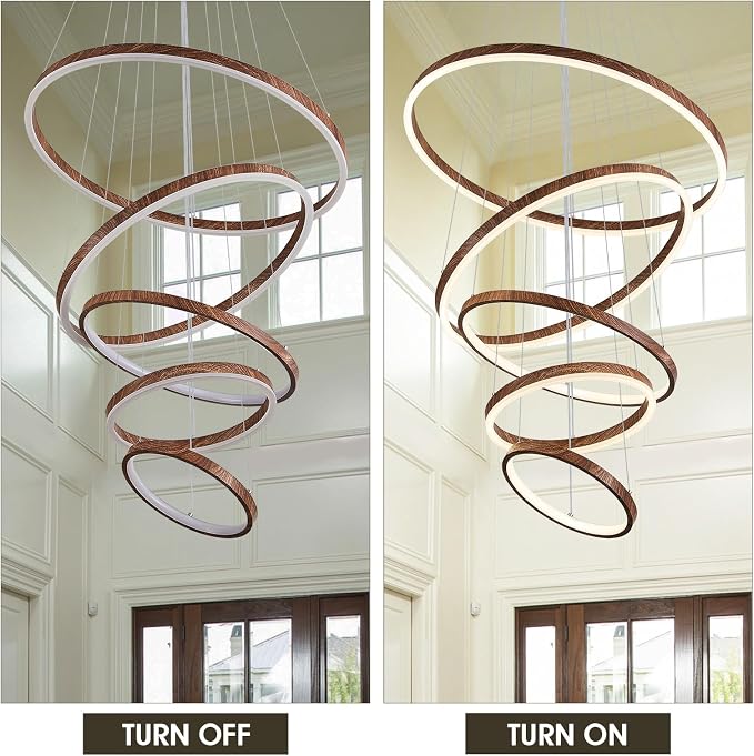 Modern LED Ring Chandelier 5-Light Chandelier Wood Grain Dimmable Round Foyer