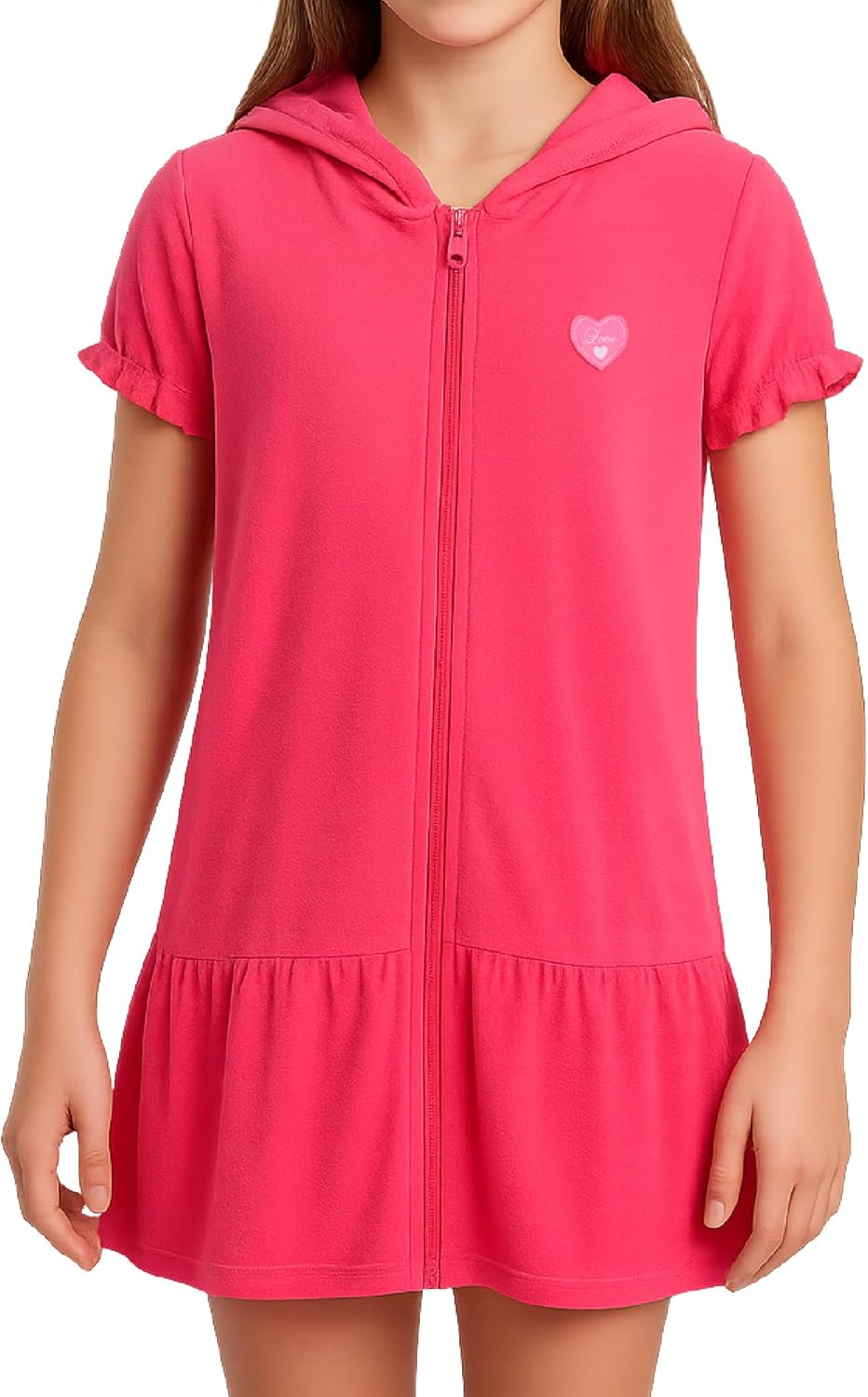 Pink Platinum Girls Swim Cover-Up - Soft Cotton Hooded Ruffled Bathrobe Dress in Terry Cloth