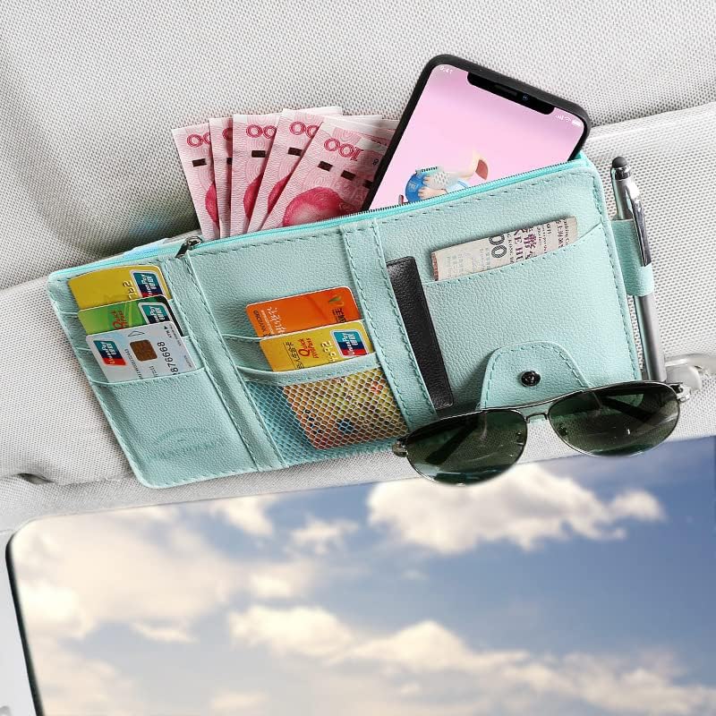 JEYODA Car Sun Visor Organizer Auto Car Visor Pocket and Interior Accessories Car Storage Organizer with Multi-Pocket Net Zippers (Style 1-Blue)