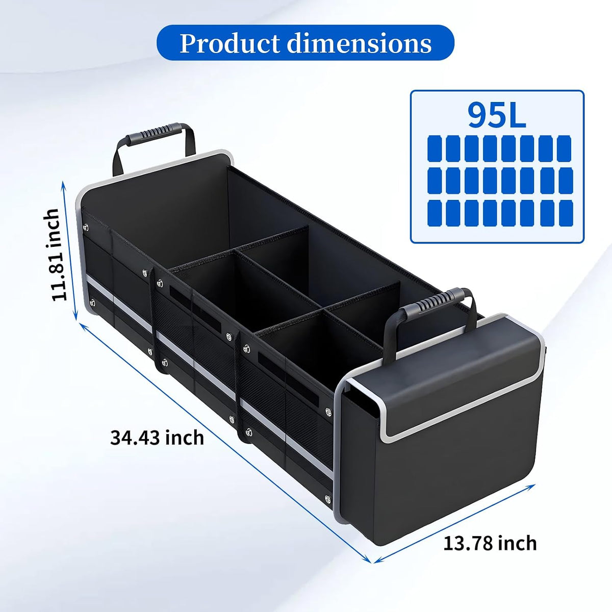Collapsible Trunk Organizer for Car with Insulated Leakproof Cooler Bag, 3 Compartments SUV Cargo Organizer w/Removable Dividers, 5-in-1 Storage w/Foldable Lid & 2 Tie-Down Straps (Black)