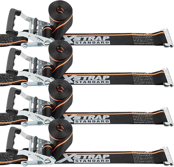 XSTRAP STANDARD 4 Pack E-Track Ratchet Straps 2" x16', 4400 LBS Break Strength Interior Van Solution Heavy Duty Tie Down Strap for Moving, Truck, Trailers, Motorcycles, Kayaks, Car Roof, Black