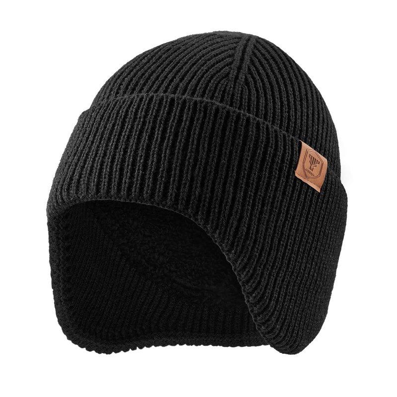 OZERO Winter Beanies Hats Men: Beanie with Ear Flaps Outdoor Thermal Knitted Hat - Soft Warm Knit Ski Stocking Polar Fleece Cuffed Cap for Men Women, Black