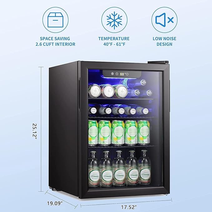 Antarctic Star Mini Fridge-95 Can Beverage Refrigerator Wine Cooler Clear Front Glass Door Small Drink Touch Screen for Soda Beer Bar Office Home 2.6 cu.ft | 95 Can Capacity, Clear Front Glass Door, Touch Screen for Soda Beer Bar Office Home