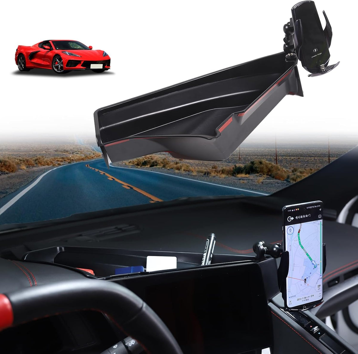 for Corvette C8 Center Console Tray Phone Holder Mount Organizer,360 Degree Rotatable Phone Holder Stand Navigation Screen Rear Storage Box Organizer Tray for Corvette C8 2020-2024 2025 (Style B)