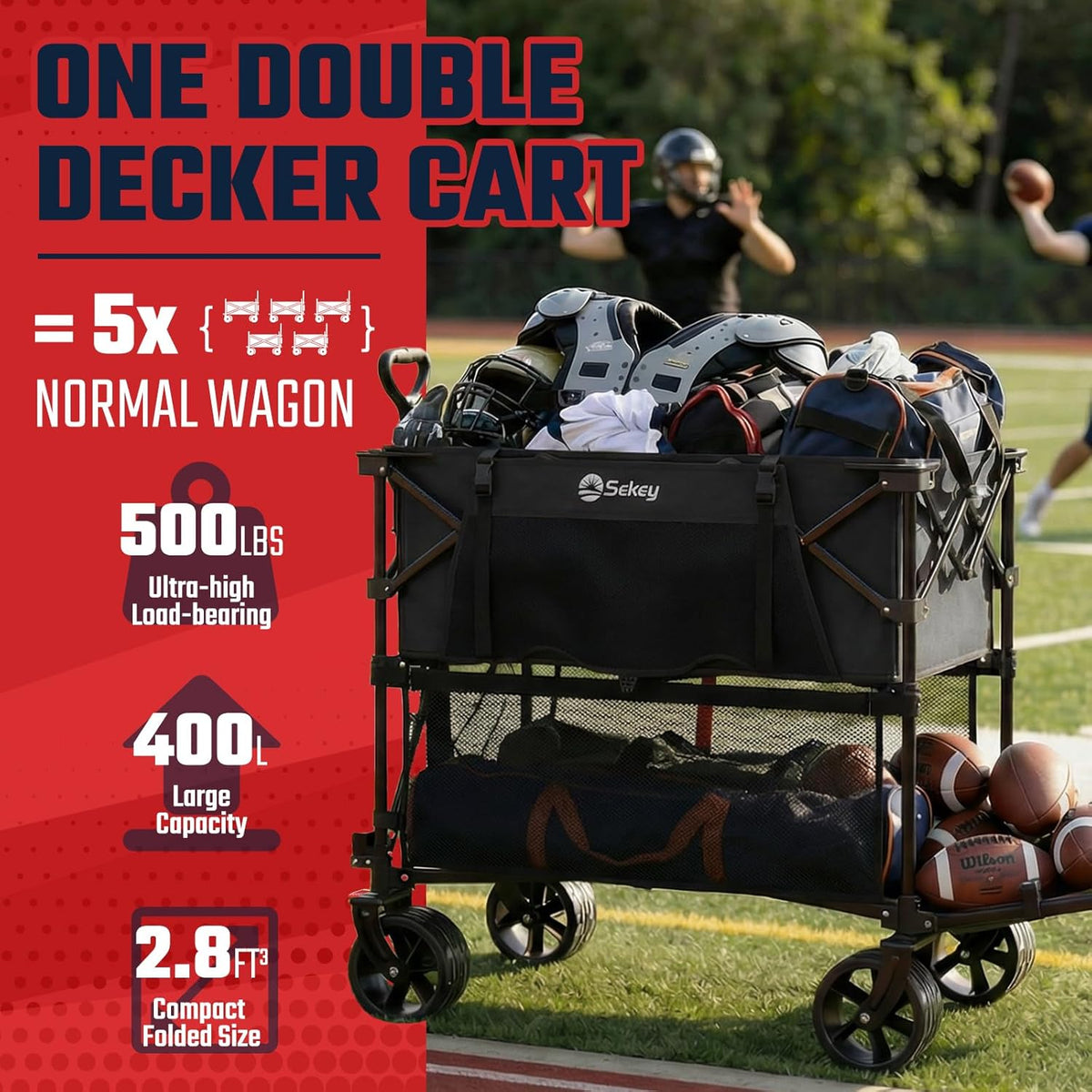 Sekey Heavy Duty Double Decker Wagon - 500Lbs Capacity Collapsible Garden Cart with All-Terrain Wheels | Fits 10x10 Canopy