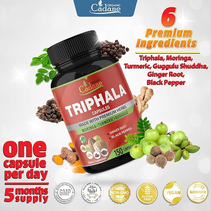 Organic Cadane Triphala Extract Capsules, 5 Months Supply with Turmeric, Guggulu, Ginger, Black Pepper, Moringa - Support Digestion Health & Immune System