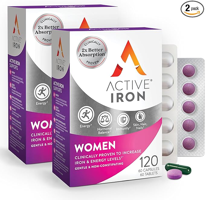 Active Iron Supplement 25mg + Multivitamin for Women – Clinically Proven to Increase Energy & Reduce Tiredness – Gentle, Non-Constipating Iron + Women’s Multivitamin – 60 Capsules + 60 Tablets