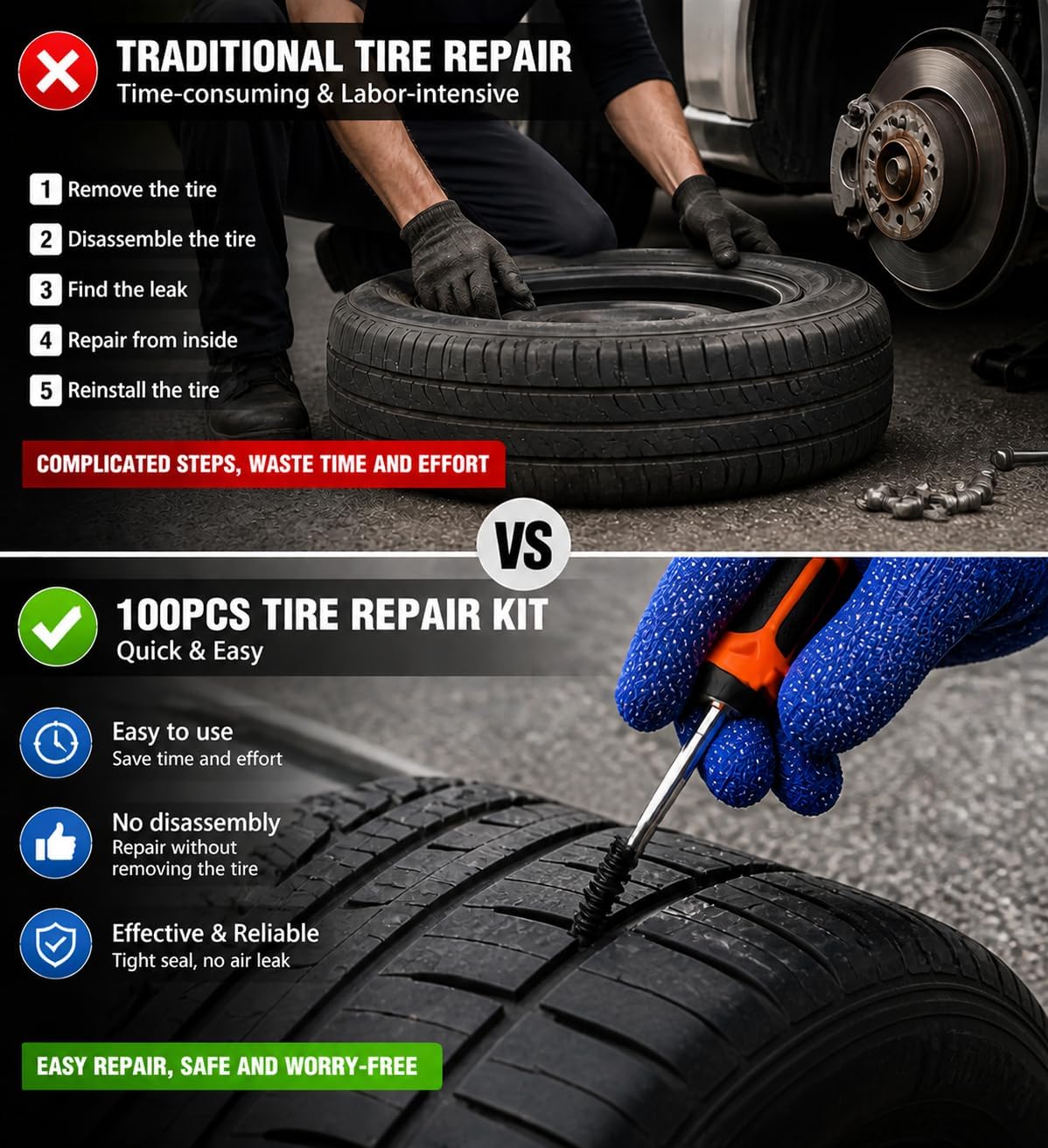 100PCS tire Repair Rubber Nail kit,Fix Without Tire Removal,Three Sizes tire Screw Plugs Tread Repair for Car,Truck,Motorcycle,SUV,Includes Tools Portable Case.