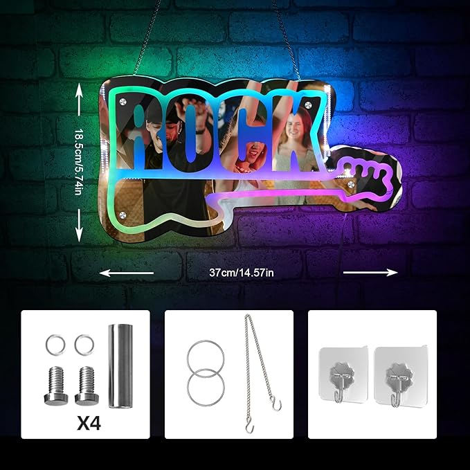 ROCK Neon Sign with Guitar Design Color Changing Mirror LED Wall Light App Control DIY Color Live Music Neon Light Music Party Bar Pub Decor LED Guitar Gift for Kpop Fans Guitar Players