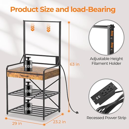 3D Printer Stand with Power Hub and Top Storage Shelf – Heavy Duty X-Bracket