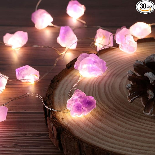 Genuine Amethyst Crystal Decorative Lights Cute Fairy String Lights 10ft 30 Natural Stones with Remote for Bedroom Hanging Ornaments Reiki Party Night Light Wedding Room Décor Mother's Day Gift