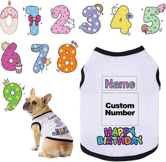 Custom Dog Birthday Shirt,Personalized Pet Apparel Print with Name Age Number,Pet Birthday Outfit,Lightweight Breathable Cotton Vest for Small Medium Large Dogs Cat (White + Black Border, Large)