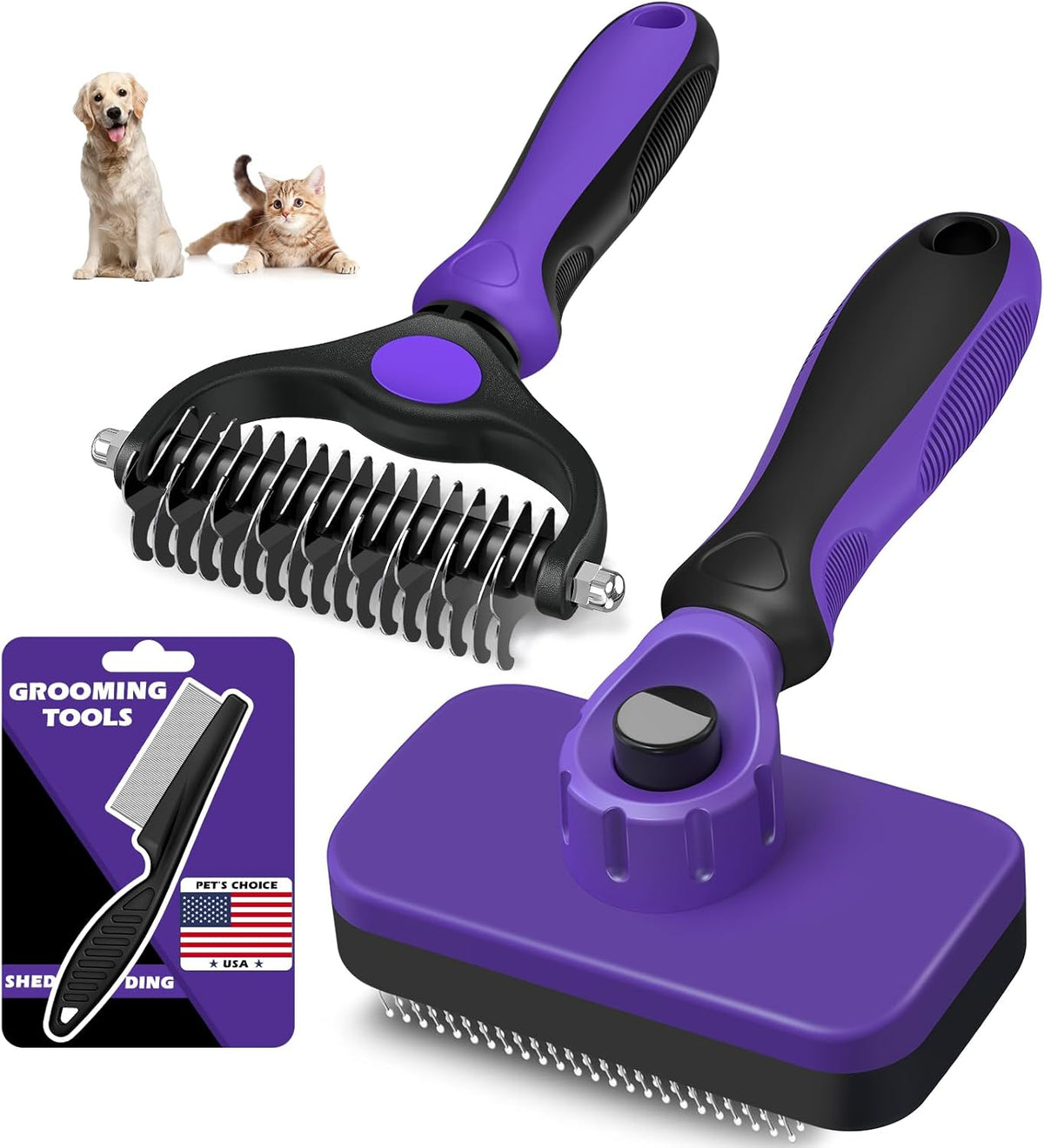 Skiennix Self-Cleaning Slicker Brush Set - 3PCS Pet Grooming Tools for Dogs, Cats & Horses | Skin-Friendly Dematting Comb (Purple)
