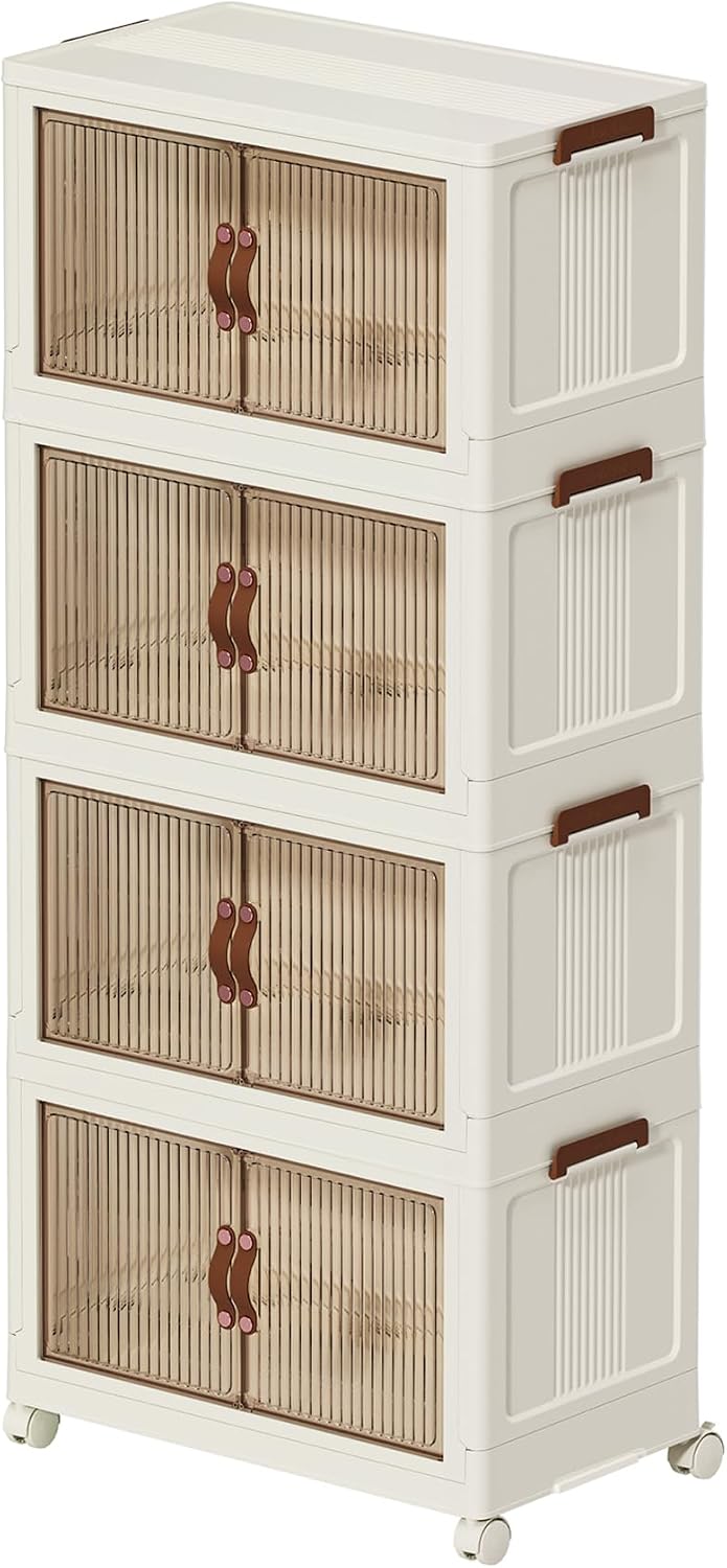 Collapsible Storage Bins with Lids - Stackable Plastic Closet Organizers for Clothes, and Home Organization White (5-rack, 30Gal/rack)