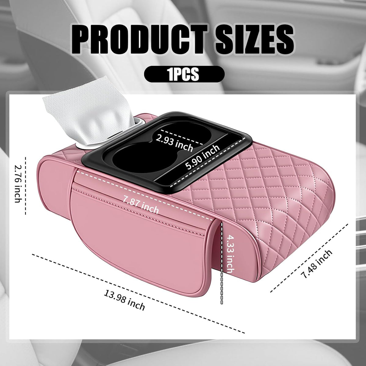 5-in-1 Car Center Console Cover,Leather Car Armrest Cover with Cup Holder/Storage Pocket/Phone Holder/Cars Tissue Holders,Thickened Cars Armrest Storage Box for Relieving Elbow Fatigue (Pink)