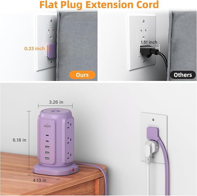 USB C Power Strip Tower, AiJoy 9 AC Outlets and 5 USB Ports Power Tower, 1200J Surge Protection, 1625W Flat Plug Extension Cord Charging Station for Home, Office Supplies, Dorm Essentials