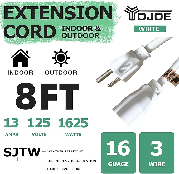 YOJOE Indoor Outdoor Extension Cord, 3 Prong 13A Weatherproof Power Cord, 16 Gauge Heavy Duty 8 ft White Extension Cord for Garage, Garden and Home, 16/3 SJTW UL Listed