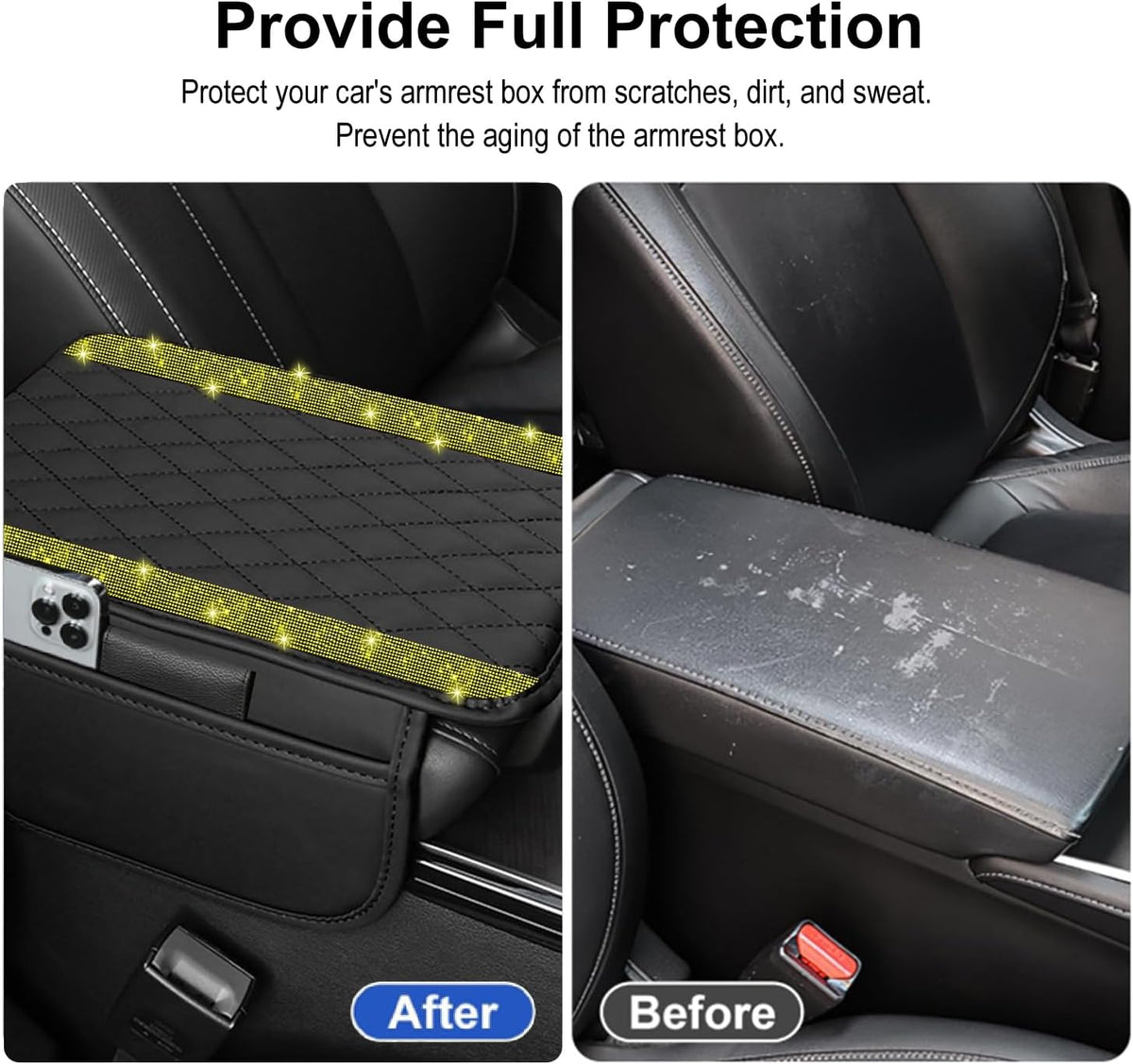 NBTEPEM Bling Car Center Console Cover, Leather Car Arm Rest Cover Cushion with 2 Storage Bags, Middle Console Cover Universal Armrest Protector Pads, Bling Accessories for Most Vehicles (Yellow)
