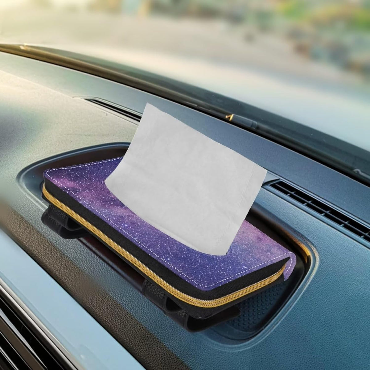 Biyejit Car Visor Tissue Holder, Purple Galaxy Print Car Mask Holder, Car Sun Visor Napkin Holder Backseat Tissue Case，Pu Leather Tissues Box, 1 Pack