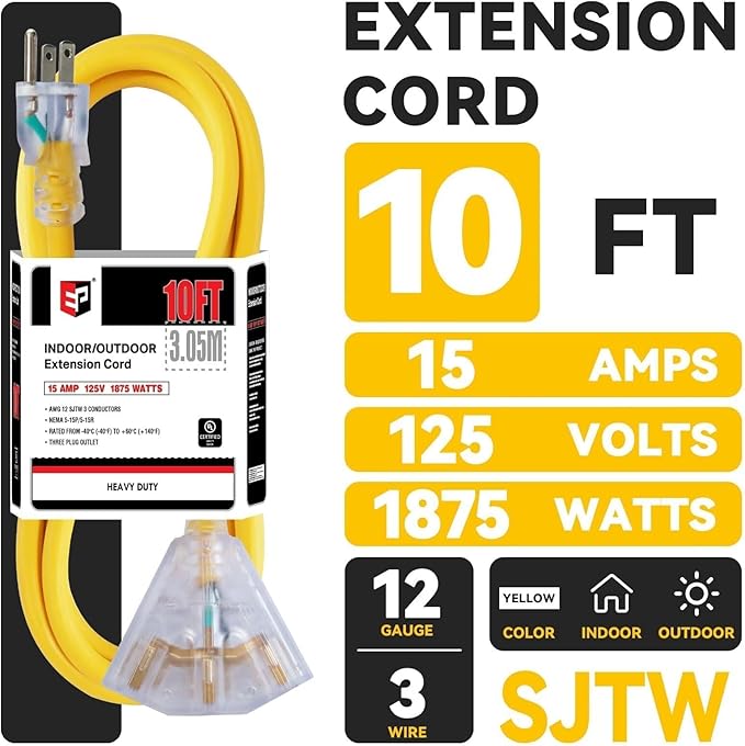 EP 10 Ft 12 Gauge Heavy Duty Extension Cord, 15A 125V 1875W, 3 Outlet Indoor/Outdoor Power Cord with Lighted End, 12/3 SJTW Weatherproof Yellow