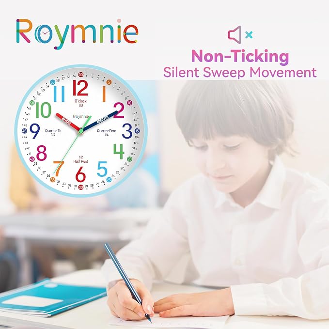 Roymnie Wall Clock 8 Inch for Kids Learning to Tell Time Easily Non Ticking