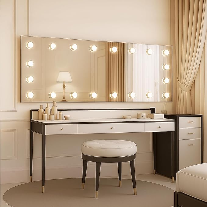 WTTY LED Bathroom Mirror with Lights 60"x28" Hollywood Wall-Mounted Mirror with 3 Color Temperatures, Stepless Dimmable Bulbs, Anti-Fog & Shatter-Proof