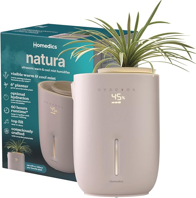 Homedics Natura Ultrasonic Warm & Cool Mist Humidifier, 1.3-Gal for Large Rooms, 60-Hr Runtime, Plant Holder, Programmable Humidity, Auto Shutoff, Nightlight Small Pot Compatible(Plant Not Included)