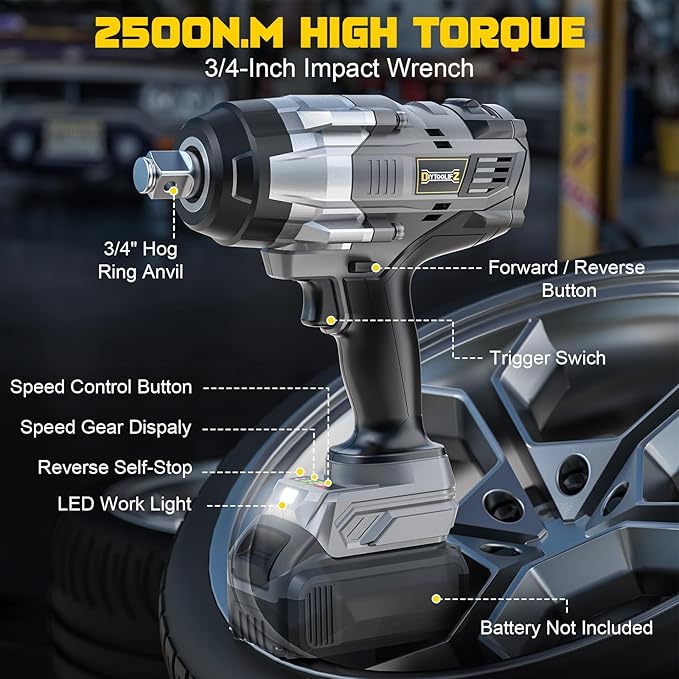 DIYtoolifz 3/4" Cordless Impact Wrench Compatible with Dewalt 20V Battery: 1850FT-LBS(2500N.m) High Torque Impact Driver, Auto-Stop Reverse, 4-Speed Heavy Duty Impact for Car/Truck/Mower(Bare Tool)