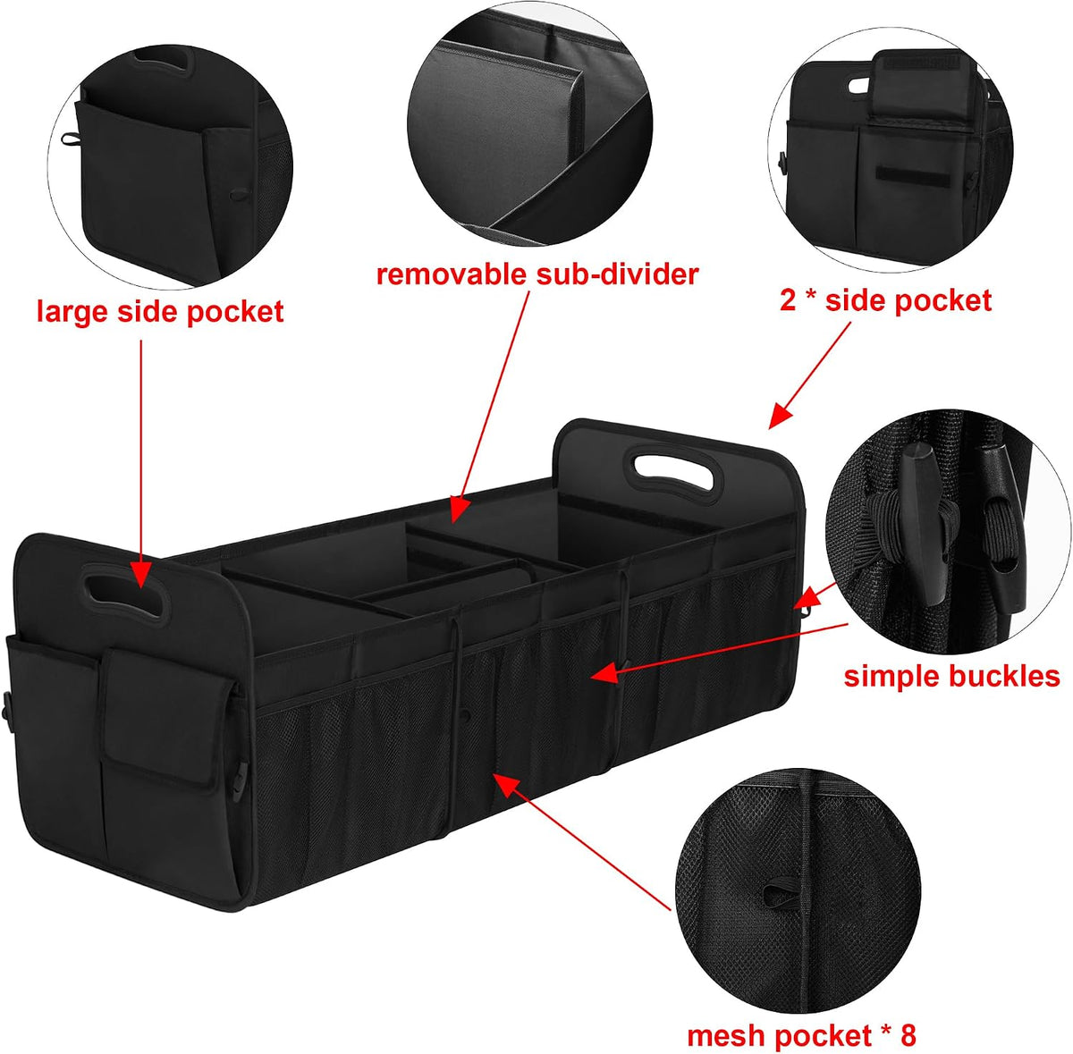 Femuar Large Capacity Trunk Organizer, Waterproof Car Accessory, Non-Slip, Foldable, Suitable for All Vehicles, Black