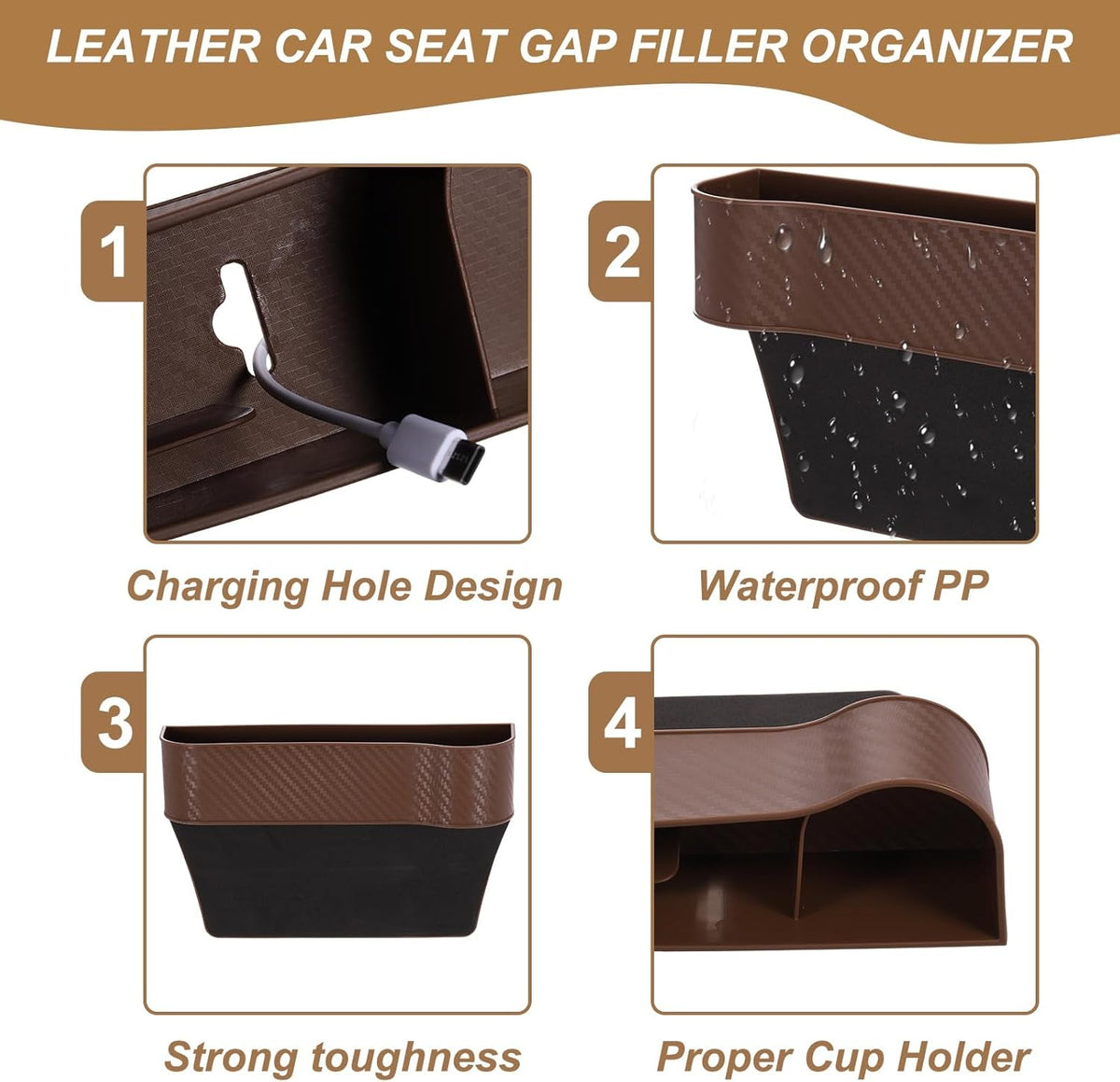 HARFINGTON 2pcs Car Seat Gap Filler Organizer 10.2 x 6.5 x 3.1 Inch ABS+Leather Universal Car Organizer Storage Box Between Seat and Console (Left+Right) with Cup Holders for Phone, Black