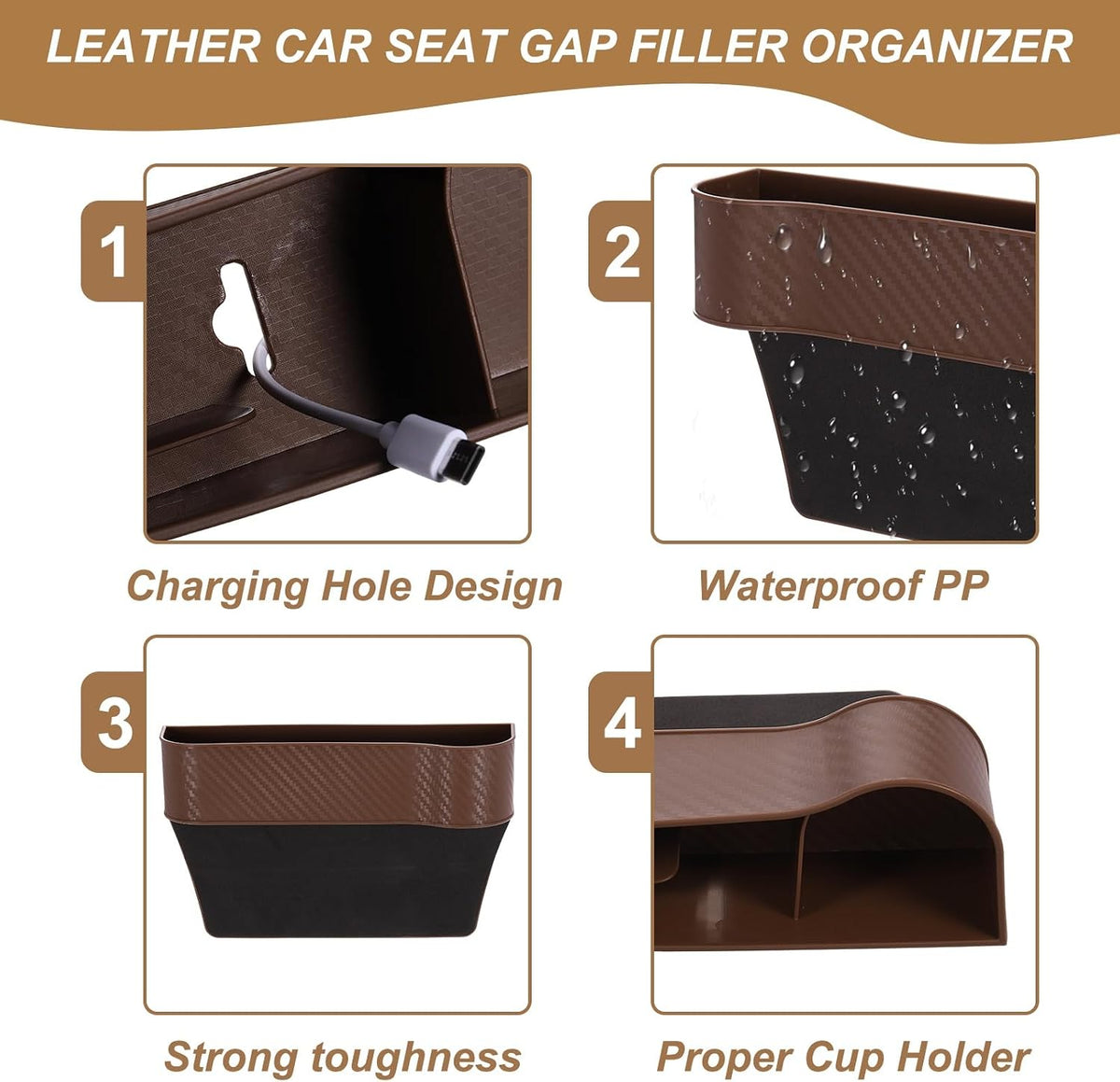 HARFINGTON Car Seat Gap Filler Organizer 10.6 x 7.1 x 2.8 Inch ABS+Leather Universal Car Organizer Storage Box Between Seat and Console (Left) with Cup Holders for Phone Keys, Brown