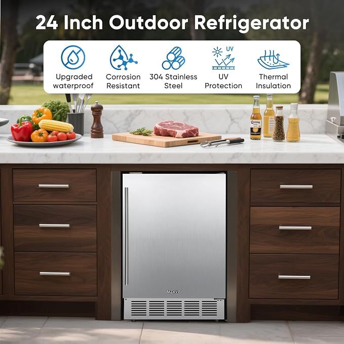 24 Inch Outdoor Beverage Refrigerator, Stainless Steel Outdoor Fridge 180 Can Under Counter Built-in/Freestanding, Waterproof, Fast Cooling, Low Noise - Outdoor Refrigerator for Home and Patio