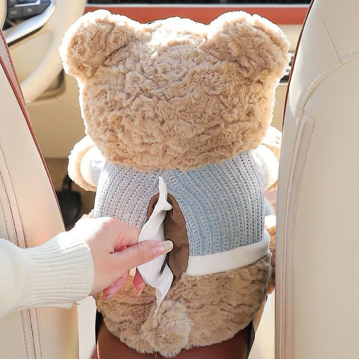 Cute Bear Plush Car Tissue Holder and Trash Can, 2-in-1 Cartoon Bear Car Tissue Box Design with Aviator Goggles, Waterproof, Beige, 25x22x28cm