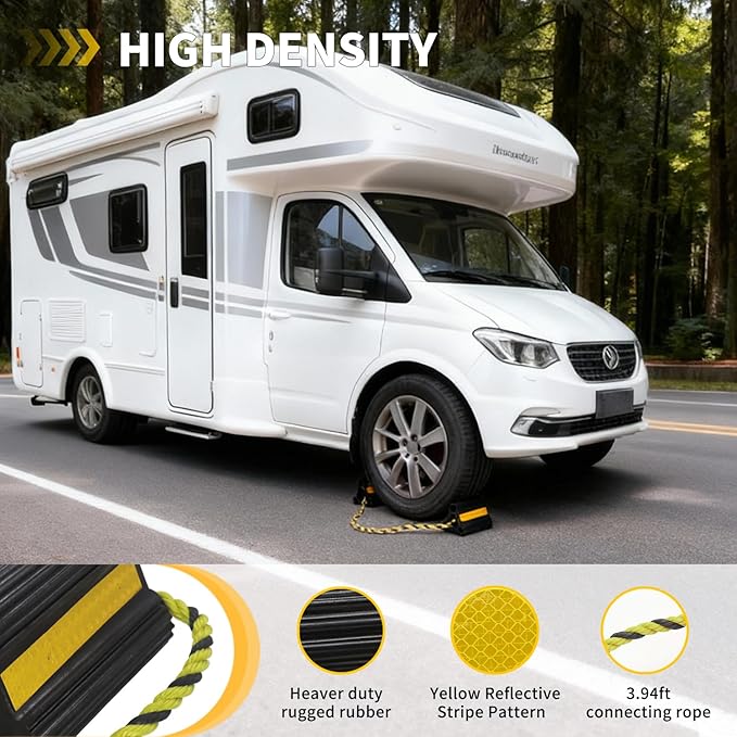 Rv Wheel Chocks for Trailers Camper Trucks and Small Aircraft Wheel Chock 1Pair2Pack Wheel Chocks Block with 3 Reflective Strips Versatile Heavy Duty Solid Rubber Wheel Immobilizers & Chocks