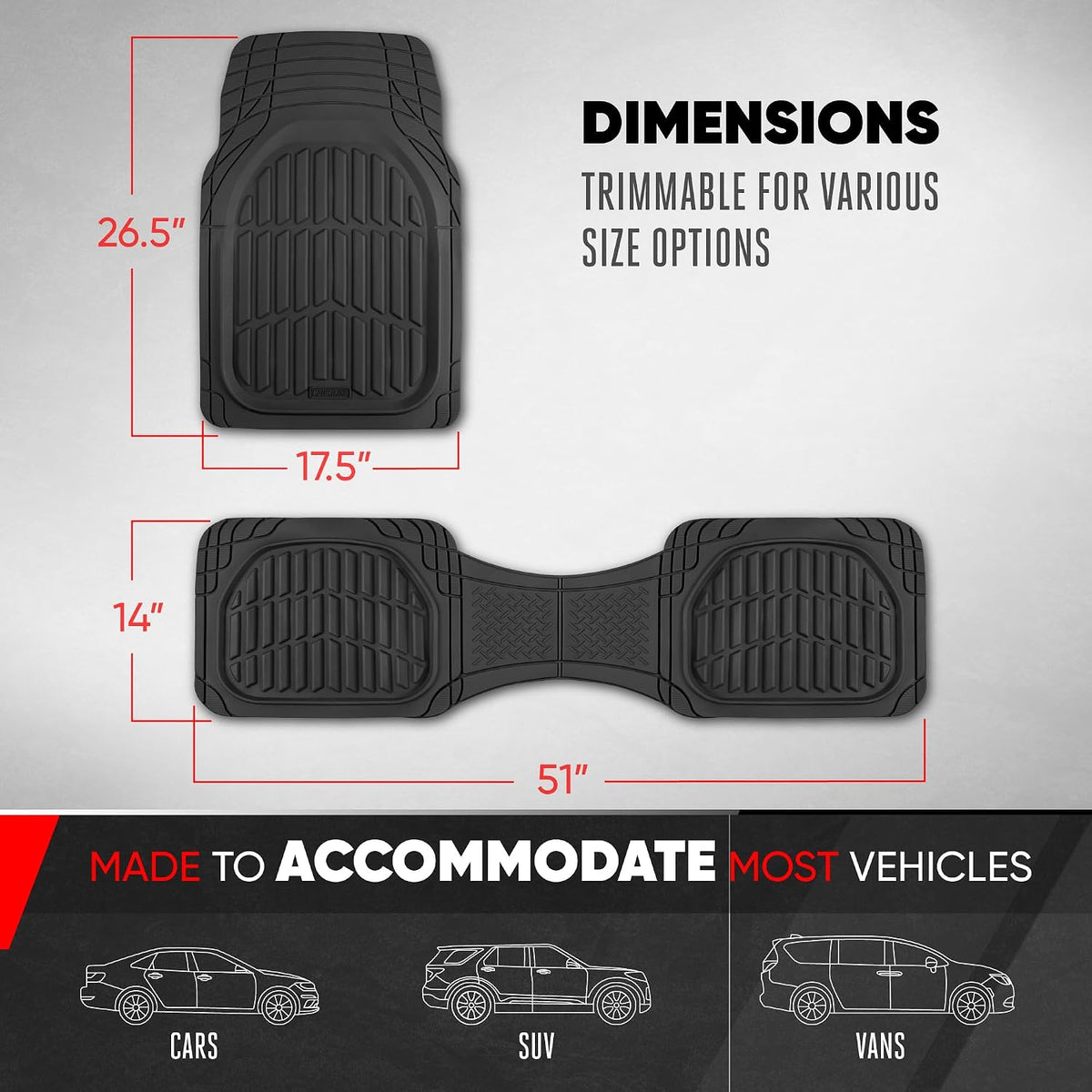 Motor Trend FlexTough LITE Rubber Car Mats Full Set - All Weather Floor Mats for Cars & SUVs - Automotive Waterproof Black Car Floor Mats for Cars Interior Accessories Universal Trim-to-Fit