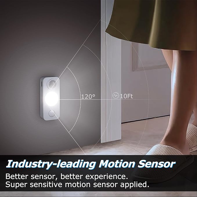 LED Motion Sensor Puck Lights, Rechargeable Cabinet Lights, Stick on Wireless LED Night Light for Closet, Drawer, Shelf, Under Cabinet, Daylight White 4Pack, USB Charging Cord Included