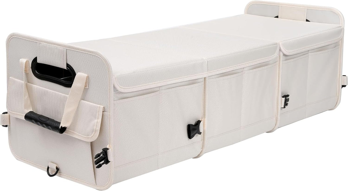 AOKJOY Car Trunk Organizer with Lid Storage Collapsible Multi Compartment Adjustable Straps for SUV, Truck, Sedan(Beige) XL