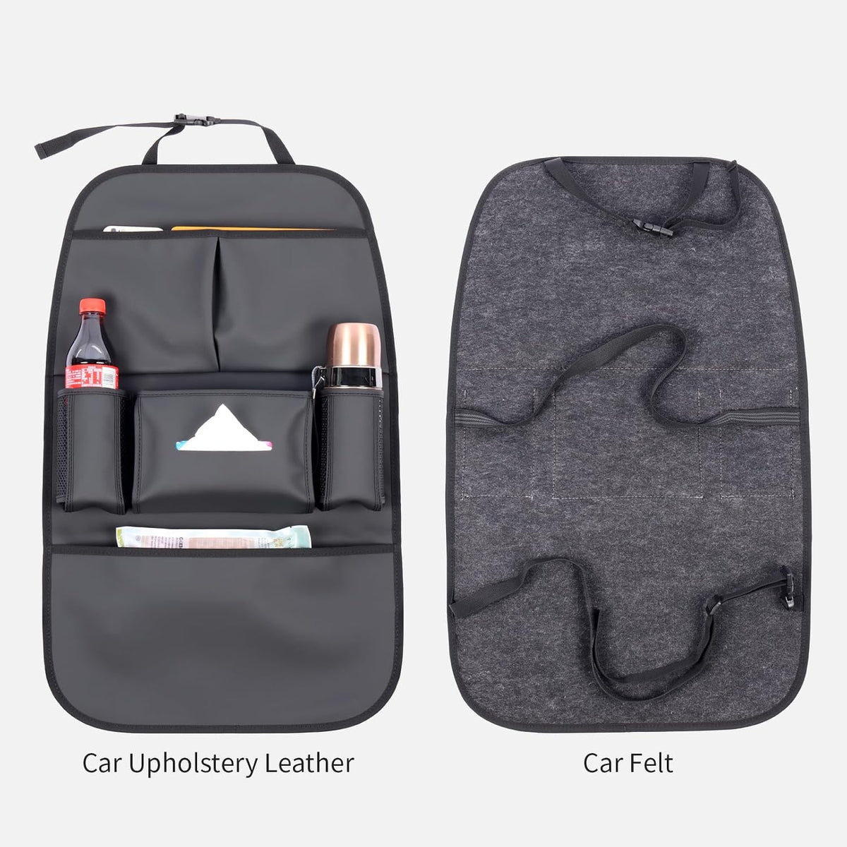 Car Backseat Organizer for Kids, Car Back Seat Storage Bag With 3 Pockets, 2 Drinks Holders, Water Resistant, Kids Toy Storage Kick Mat Back Seat Protector for Toddlers (Black 1-Pack)