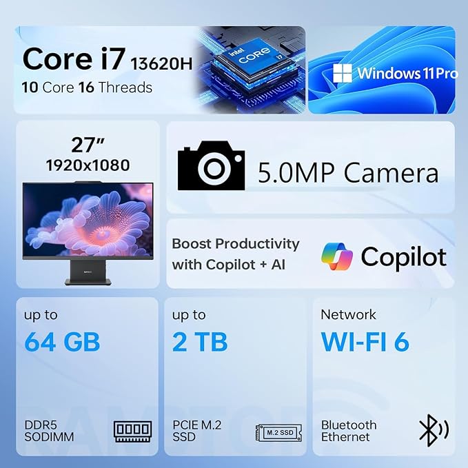 Lenovo IdeaCentre AIO 27" FHD All-in-One Desktop Computer, Intel Core i7-13620H 10-Core up to 4.9GHz, 64GB DDR5 RAM, 1TB SSD, WiFi 6, Bluetooth 5.2, HDMI, Webcam, Windows 11 Pro, Luna Grey