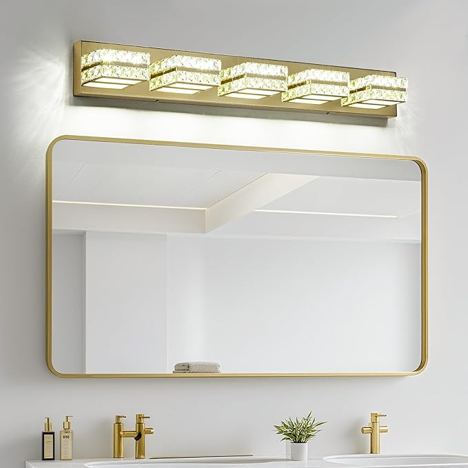 OKELI Crystal Vanity Lights LED Bathroom Vanity Light Fixture Over Mirror Modern Indoor Lamp, 6000K Cold White Dimmable, 5-Lights, 32W, ETL Listed