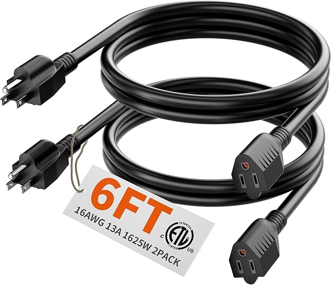 HUANCHAIN 6 FT（2 Pack） 16 Gauge Black Indoor Outdoor Extension Cord Waterproof, Flexible Cold Weather 3 Prong Electric Cord Outside, 13A 1625W 125V 16AWG SJTW, ETL Listed