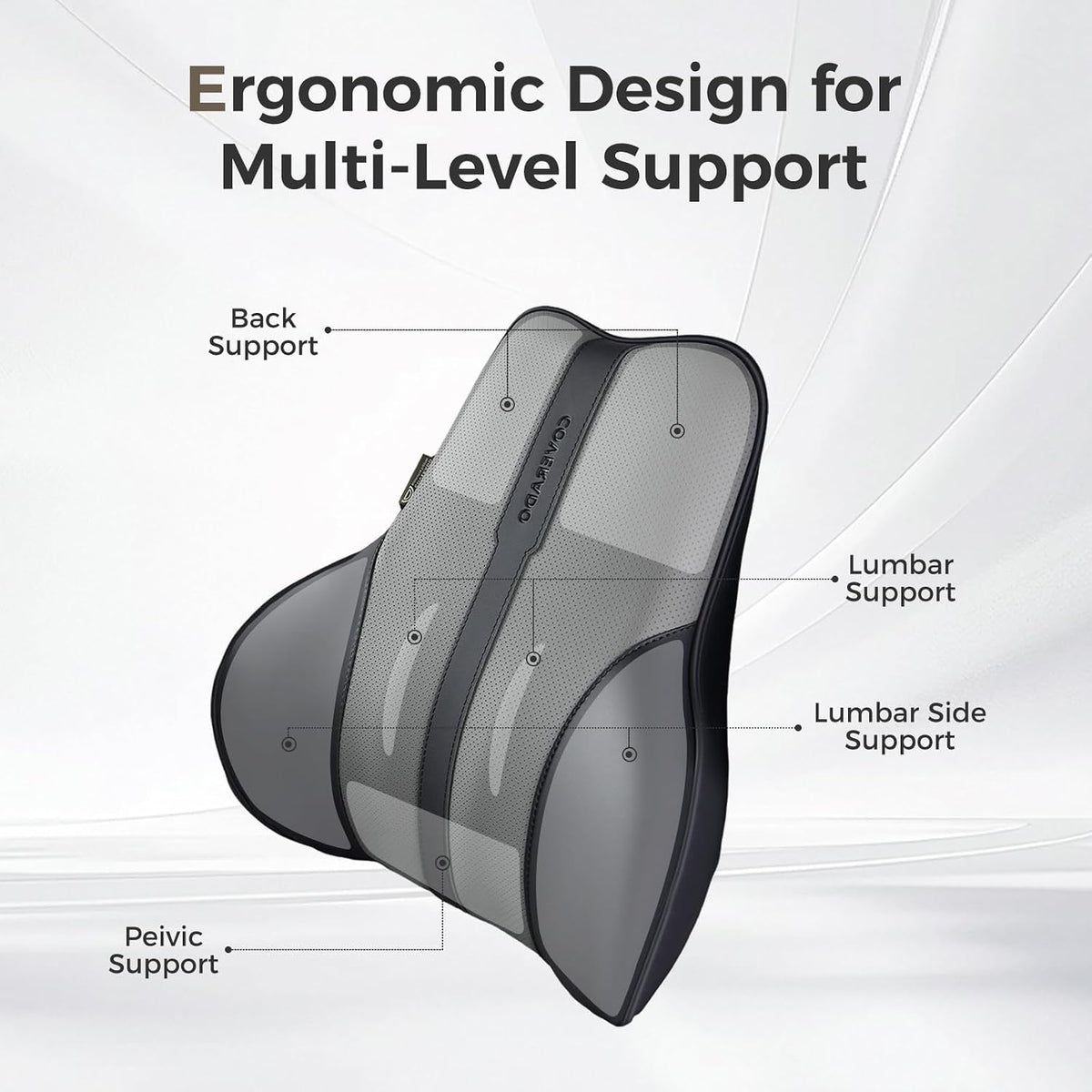 Coverado Lumbar Support Pillow for Car, Ergonomic Memory Foam Back Pillow for Office Chair, Back Cushion for Back Pain Relief, PU Leather Car Lumbar Support for Driving Seat - Black&Gray
